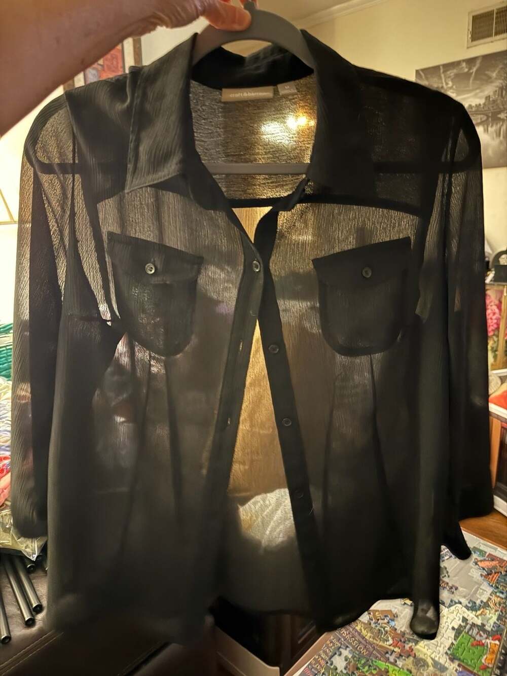 Croft & Barrow Black Sheer Button-Up Blouse with Dual Pockets Size M